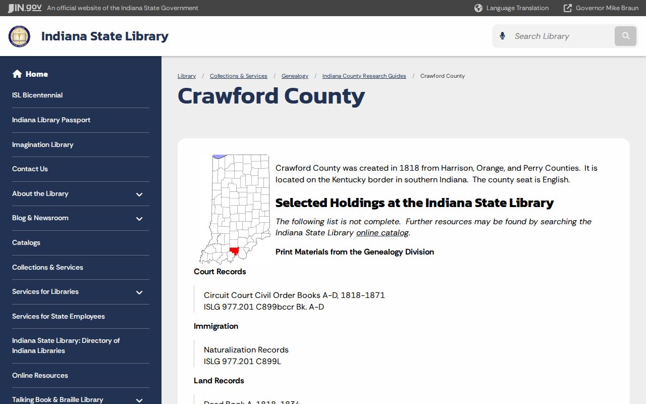 Indiana State Library guide to Crawford County historical records
