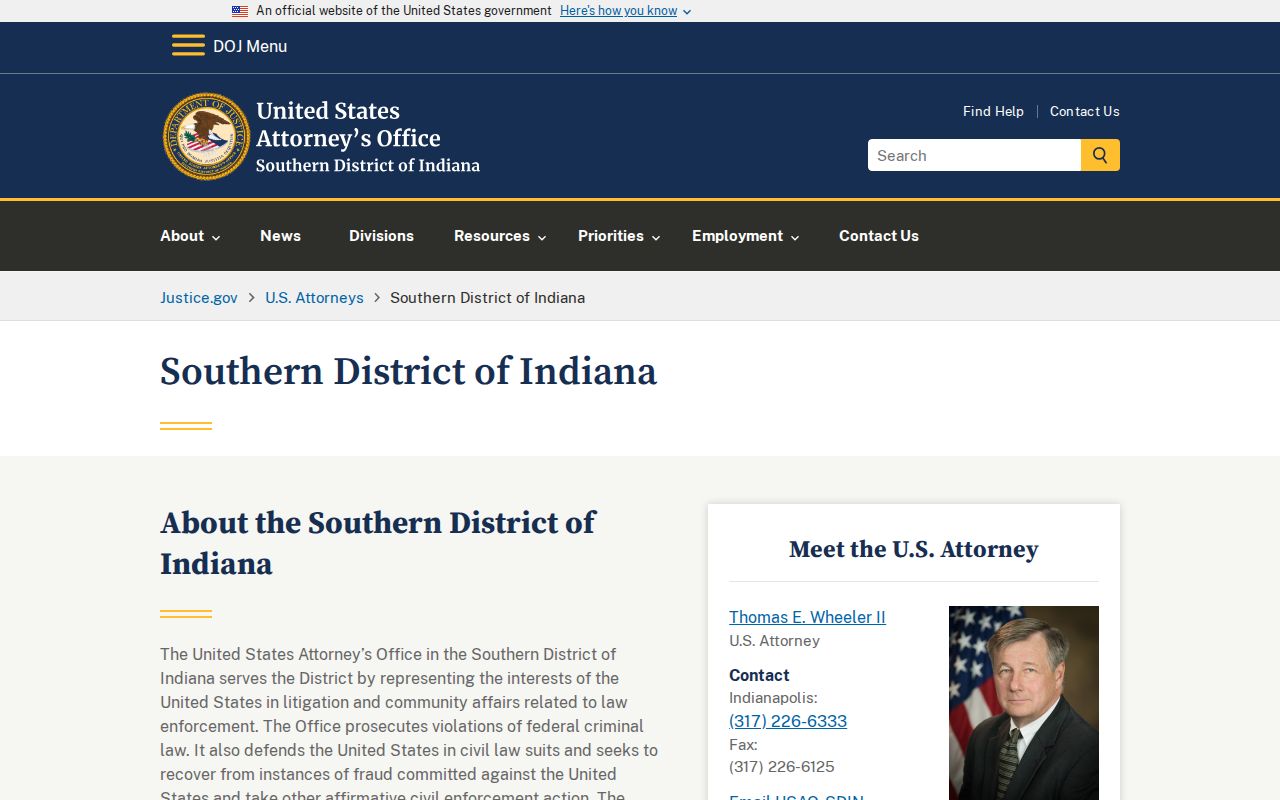 United States Attorney for the Southern District of Indiana website