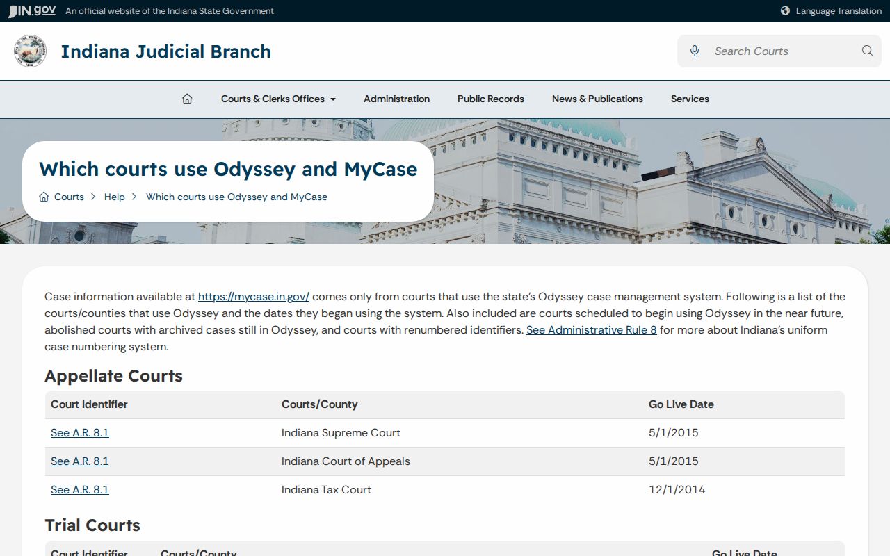 Indiana Odyssey court listing for Crawford Circuit Court