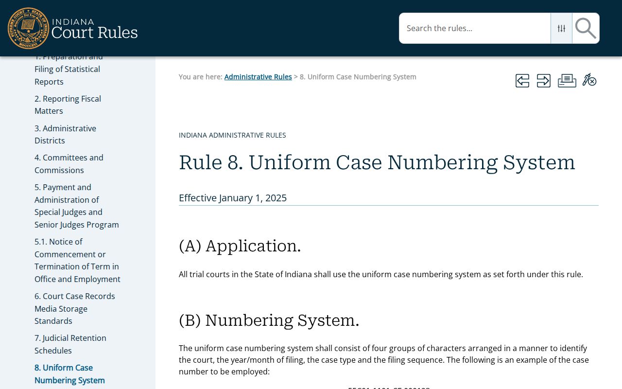 Indiana Rule 8 uniform case numbering for Crawford criminal dockets