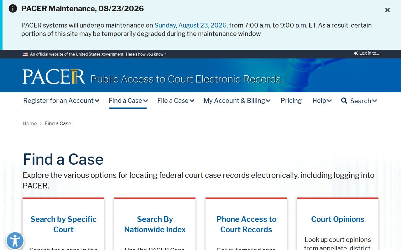 PACER Case Locator for federal docket searches