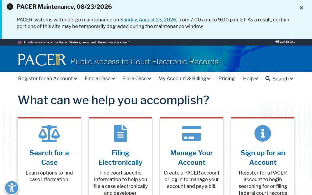 PACER federal court records home page