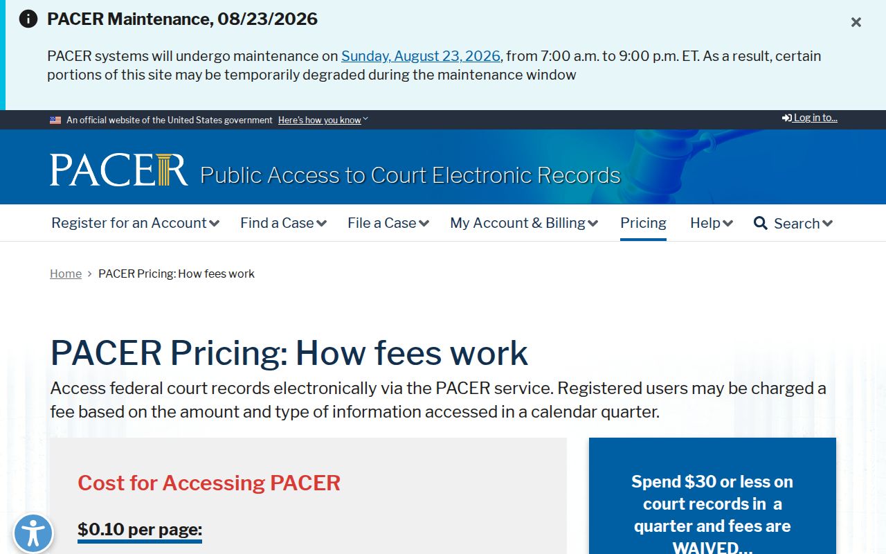 PACER federal court records pricing information