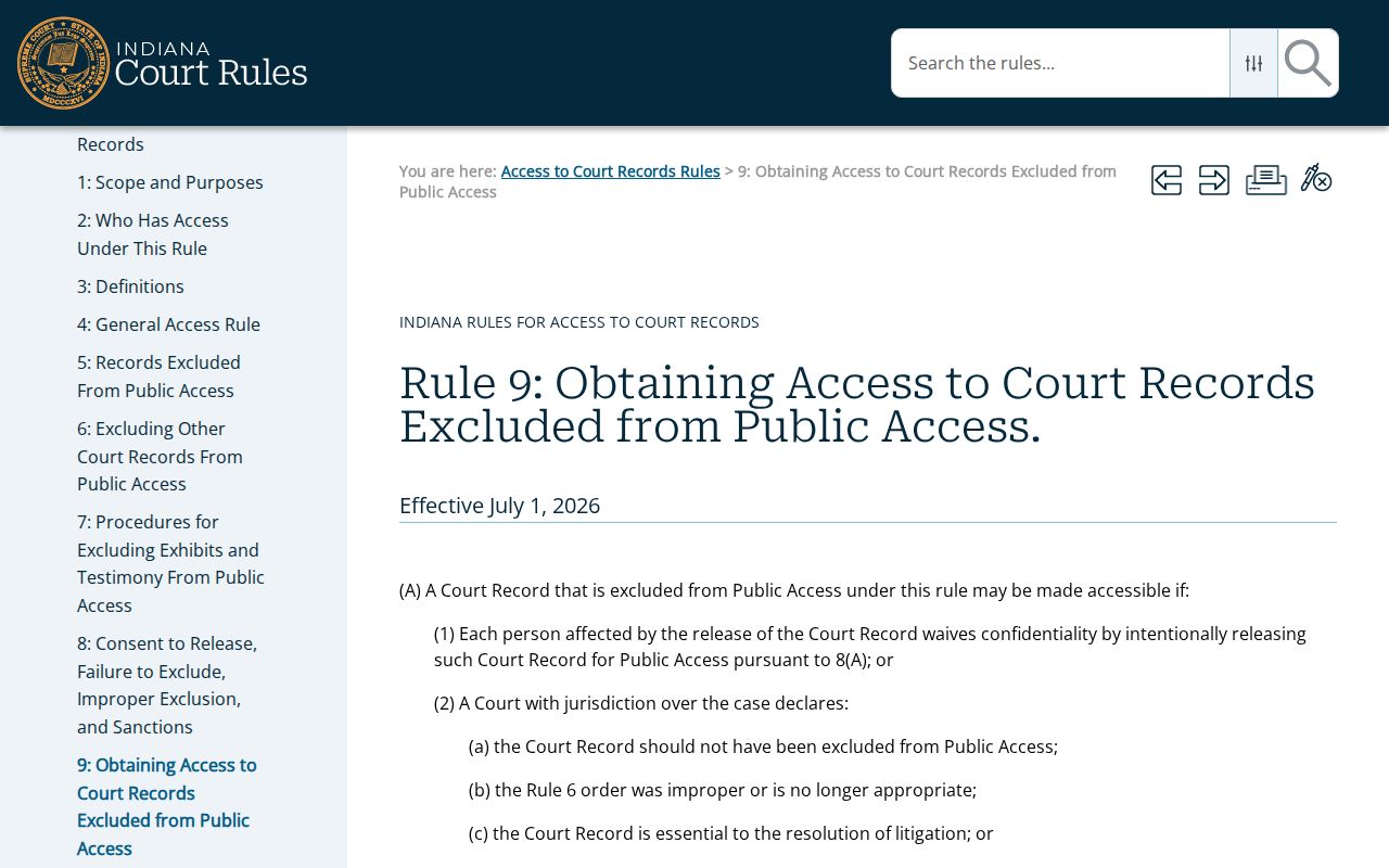 Indiana Access to Court Records Rule 9 request procedure
