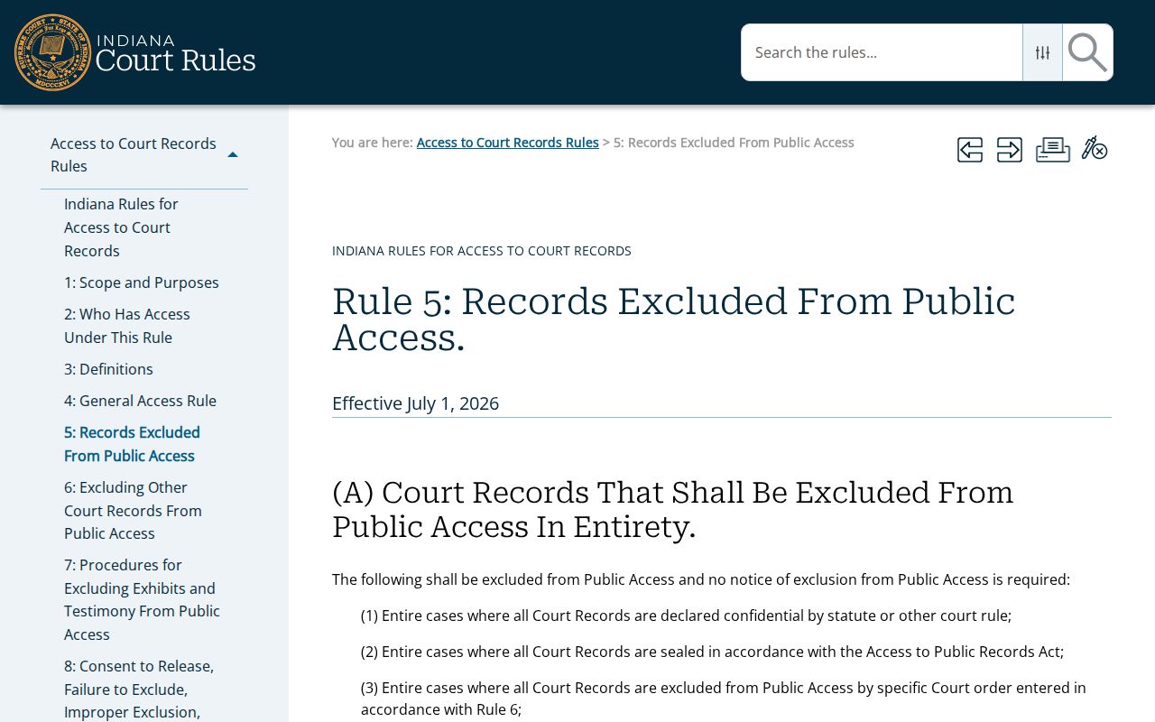 Indiana Access to Court Records Rule 5 confidentiality provisions