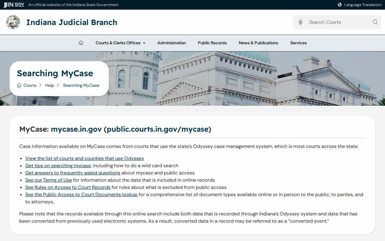 Indiana courts MyCase help and access guidance