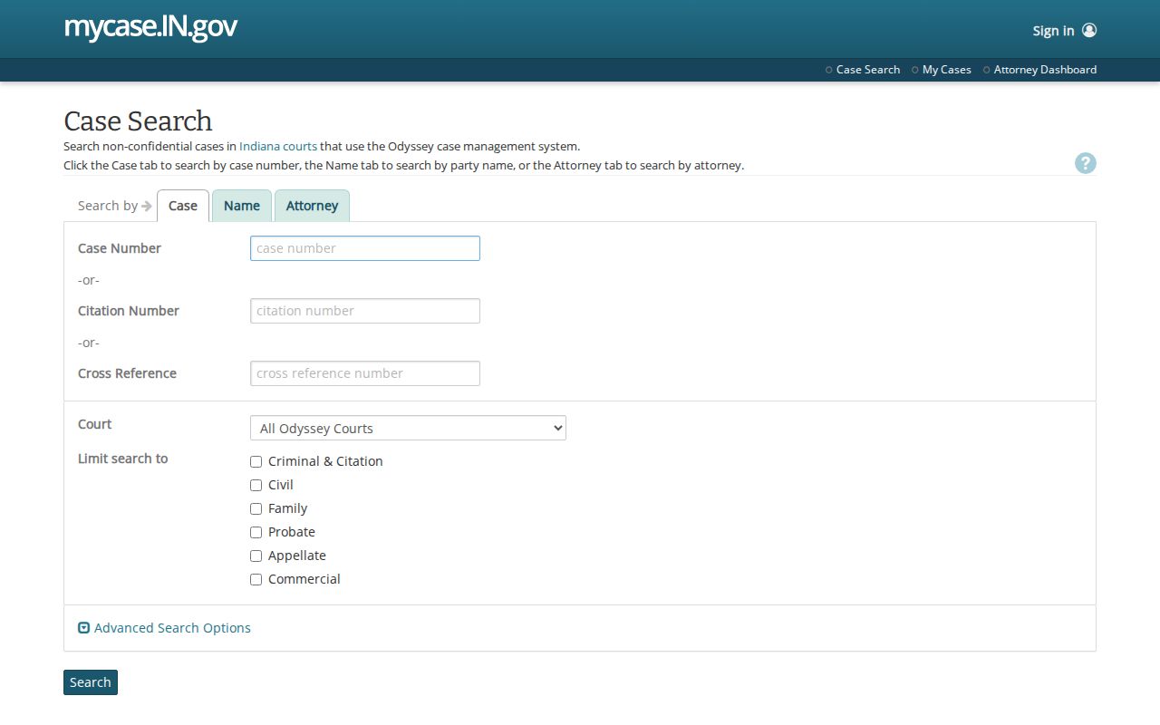MyCase Indiana short-address search page