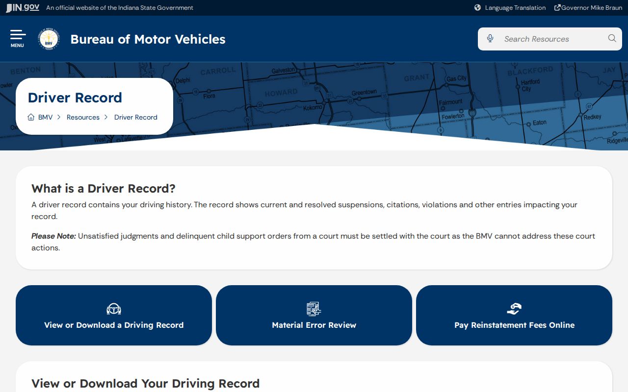 Indiana BMV driver record page distinguished from Crawford traffic court files